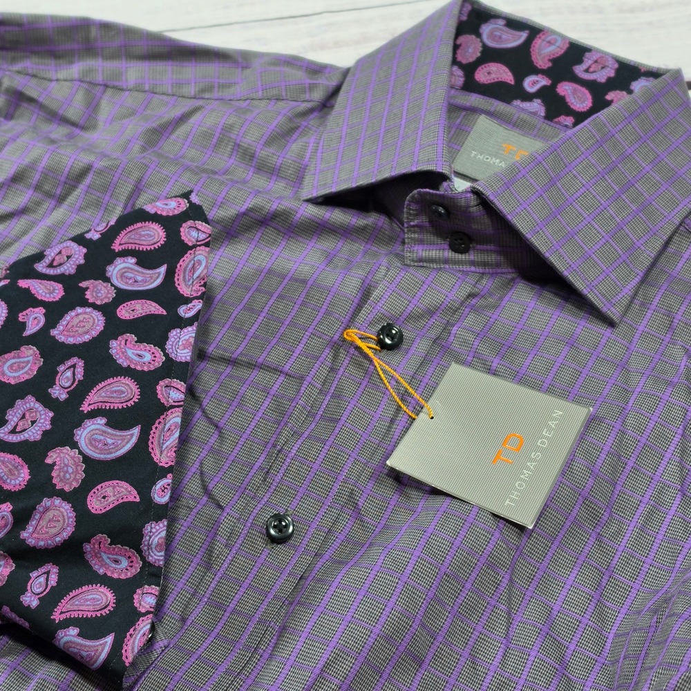 Thomas Dean Button Down Shirt Mens Medium Purple Grey NWT Paisley Contrast Trim